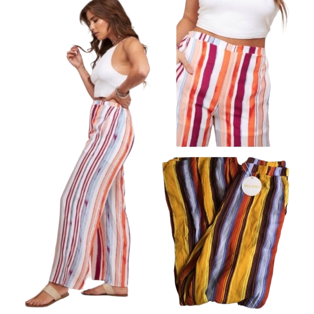 NWT Wild Honey Striped High Rise Mustard Yellow Wide Leg boho pants pockets